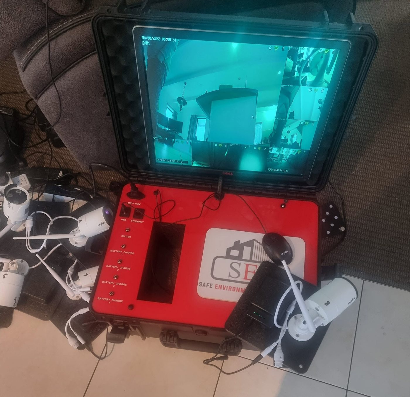 SES portable wifi camera monitoring system used on Class A asbestos removals - eight cameras viewed from outside the enclosure