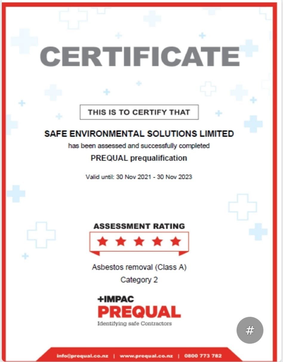 IMPAC PREQUAL prequalification certificate - Safe Environmental Solutions Ltd assessed with a 5-star rating for Asbestos removal (Class A), Category 2