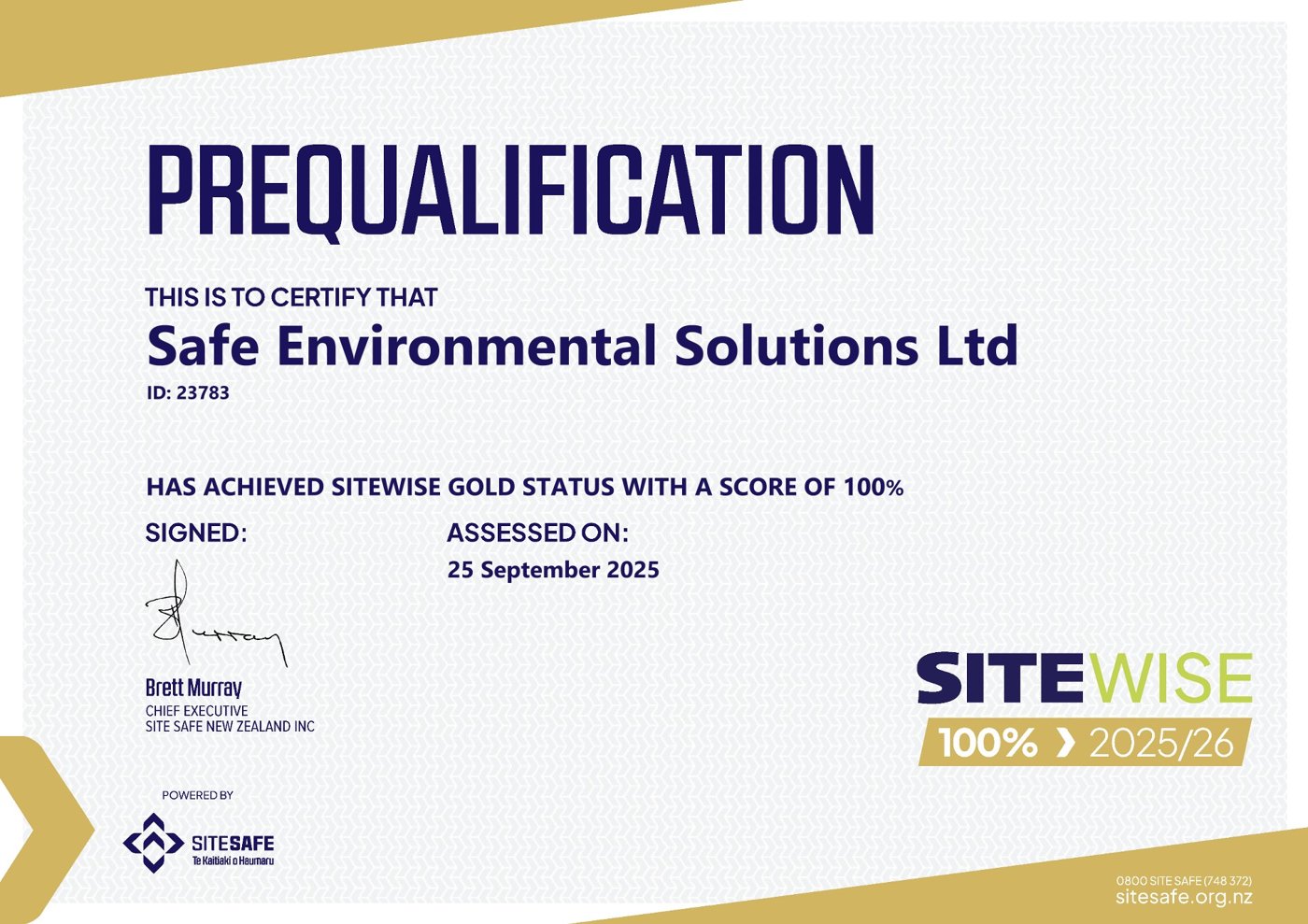 SiteWise Gold prequalification certificate 2025/26 - Safe Environmental Solutions Ltd achieved SiteWise Gold status with a score of 100%, assessed 25 September 2025