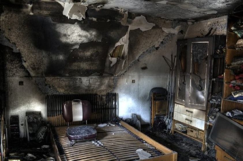 Fire-damaged interior before soot removal